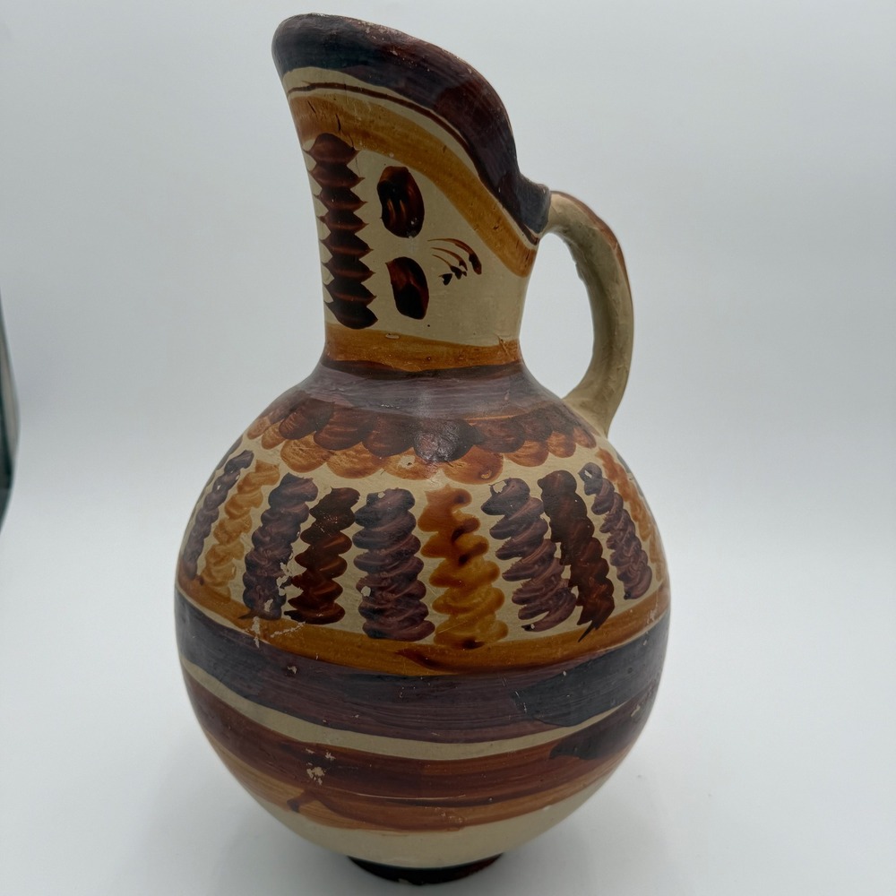 Vintage Hand Painted Terracotta Folk‎ Art Pitcher Brown Ochre Rustic Pottery Jug